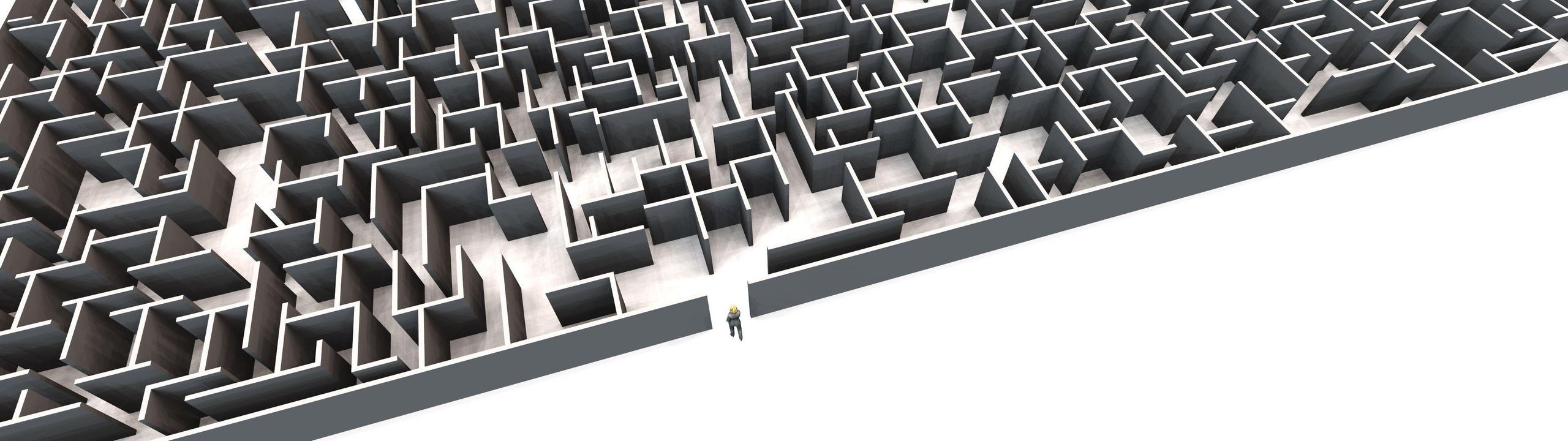 A lone figure standing at the entrance to a vast maze